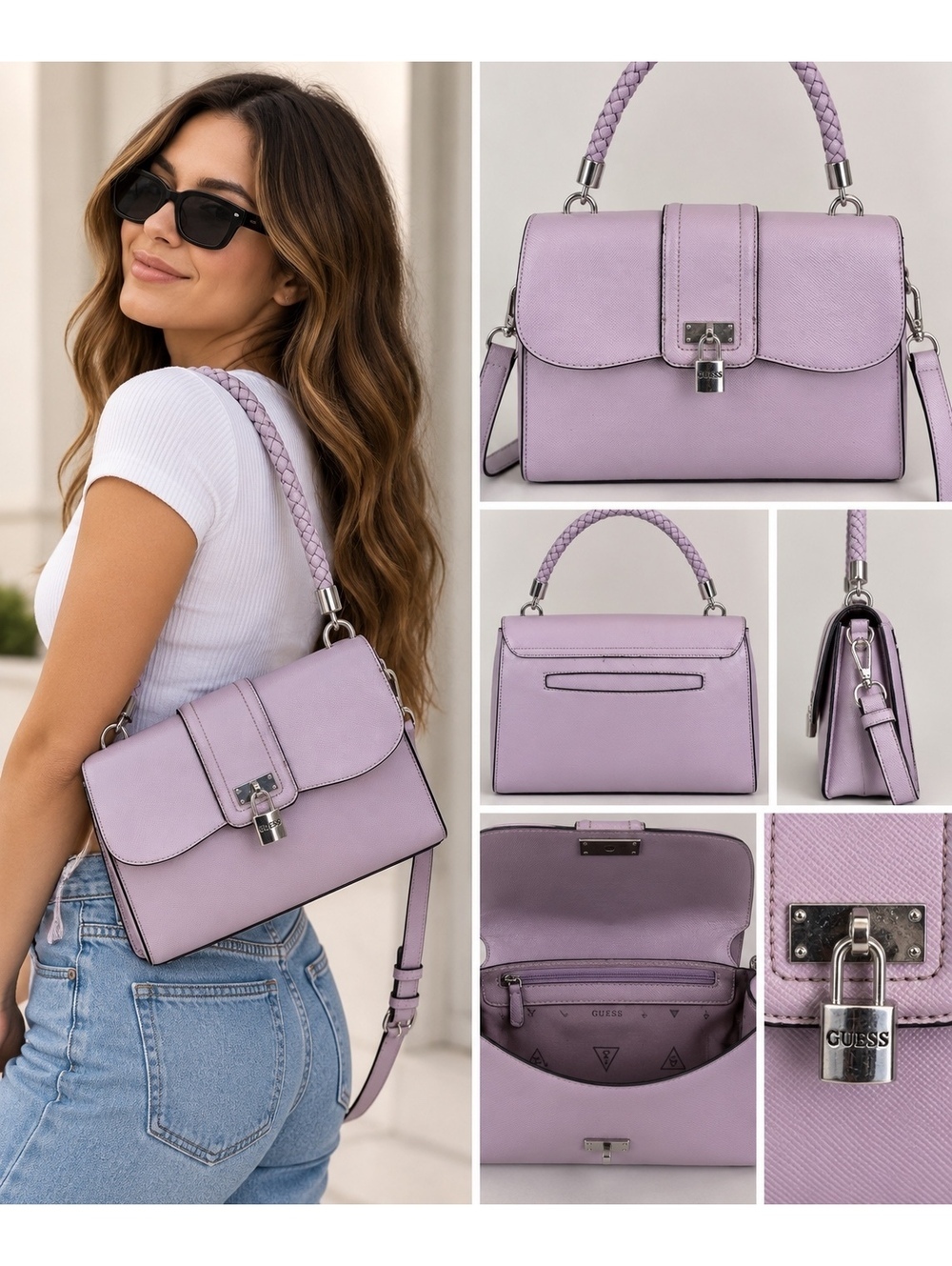 GUESS Lavender Satchel Handbag Braided Handle Padlock Crossbody Shoulder Bag